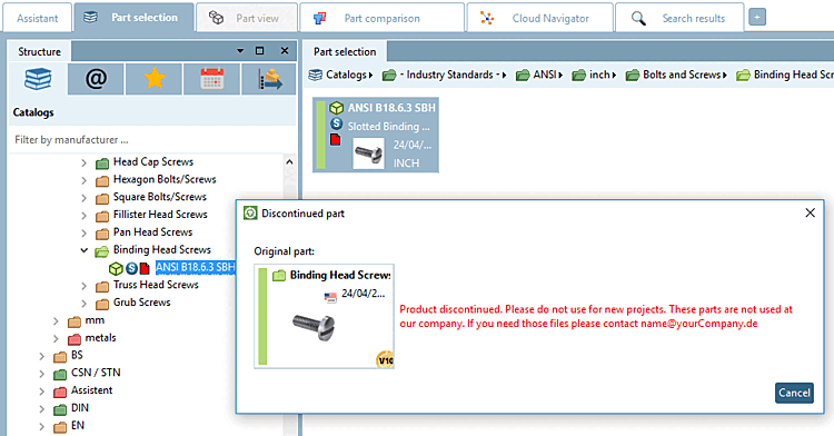 Finestra di dialogo "Parte staccata [Discontinued part]. Il testo visualizzato è standard da ALLOW_OLD=0 + INFOTEXT