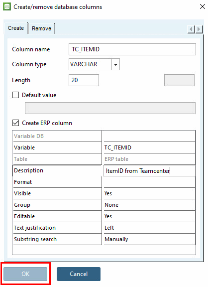 Creare/rimuovere colonne del database: dialogo