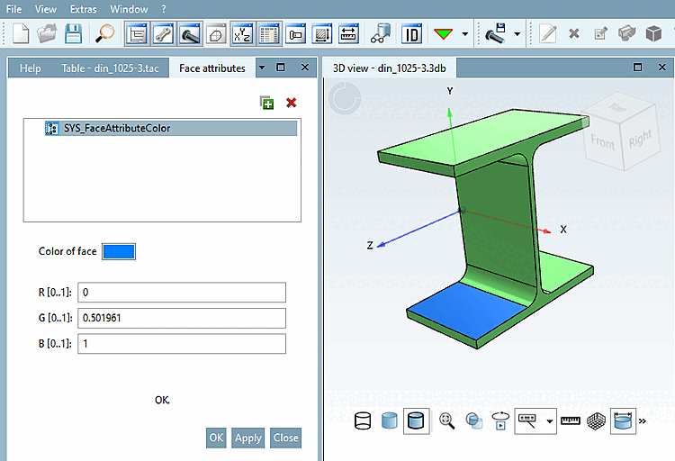 L'intera parte è colorata in verde (PARTproject), le singole superfici sono colorate in blu (PARTdesigner -> attributi superficie [Face attributes] ).