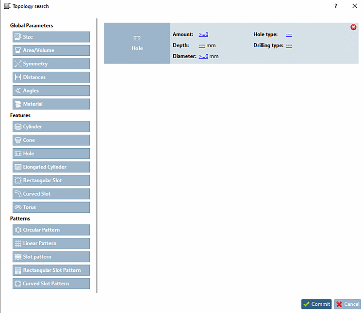 Ricerca topologica [Topology search]: Impostazione del foro