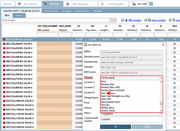 PARTdataManager: selezione del materiale