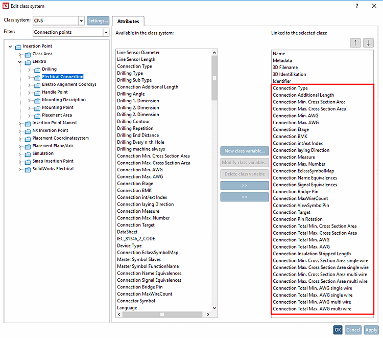 Sistema di classe [Class system] CNS -> Punti di connessione [Connection points] del filtro -> Punto di inserimento -> Elettrico -> Connessione elettrica