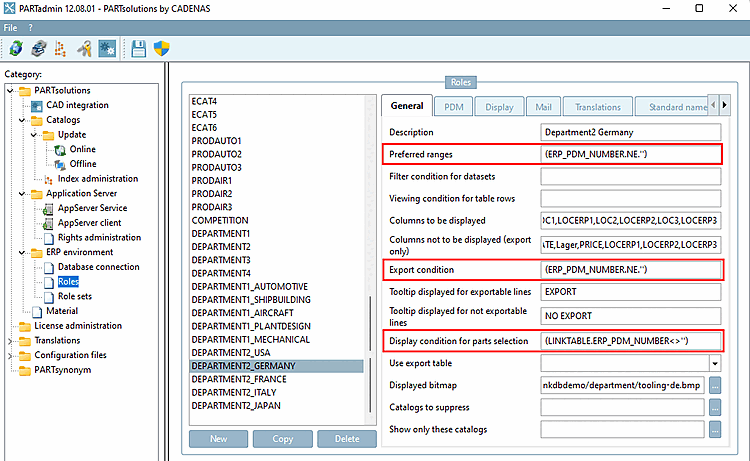 PARTadmin > Categoria "Ruoli [Roles]" > Scheda "Generale [General]" - Ruolo "DEPARTMENT2_GERMANIA" Opzioni di impostazione
