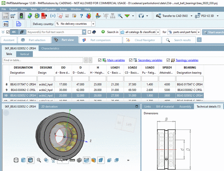 PARTdataManager -> Part view -> 3D view / Technical details