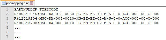 pnomapping.csv, column names "PARTNUMBER" and "TYPECODE", semicolon as delimiter