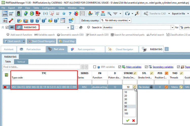 Example: Search with order number, display of type code in the table
