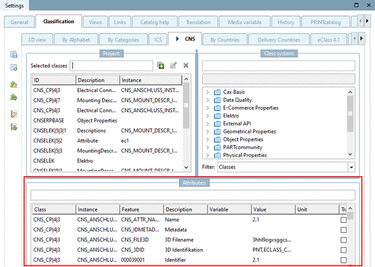 Settings -> tabbed page Classification -> CNS -> dialog area Attributes