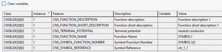 Explicitly instantiated function class analogously to previous figure. The linking to all connections of a function happens via attribute Symbol/Function Number with the value SYMBOLx||x. Accordingly the potential of all pins (in this example only one) is set to "neutral conductor" by the attribute "Terminal potential".