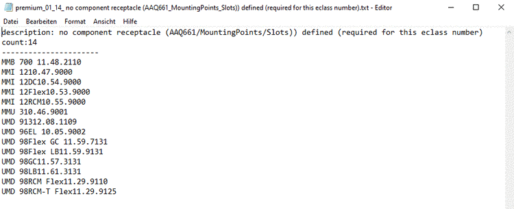 Listing of article numbers in an error code file