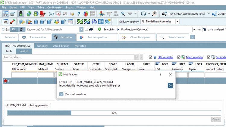 Respective error message during export of ZUKEN_CLX_XML if above files cannot be found.