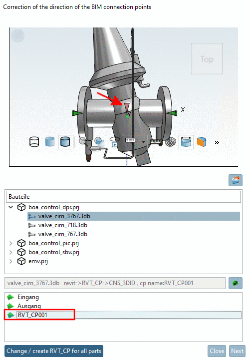 Dialog box "Correction of the direction of the BIM connection points"