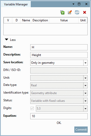 In this example, H (Height) with value 10 has been entered.