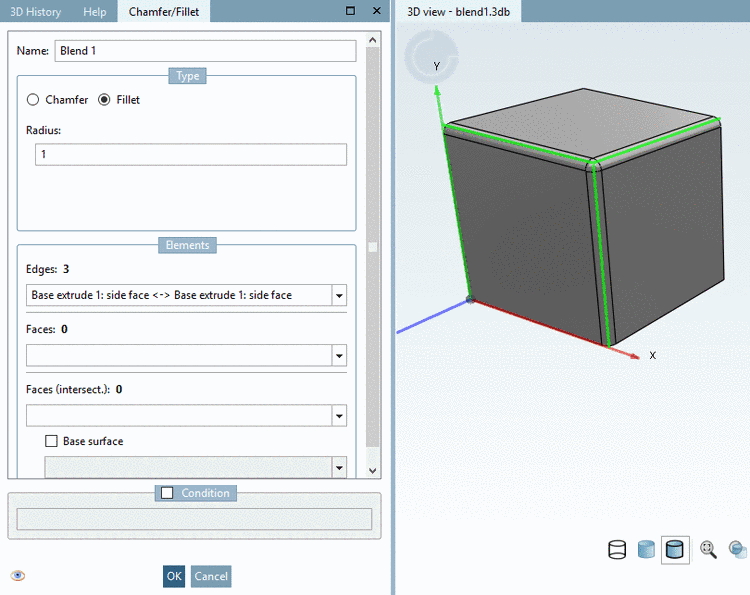 Editing mode with opened docking window "Chamfer/Fillet"