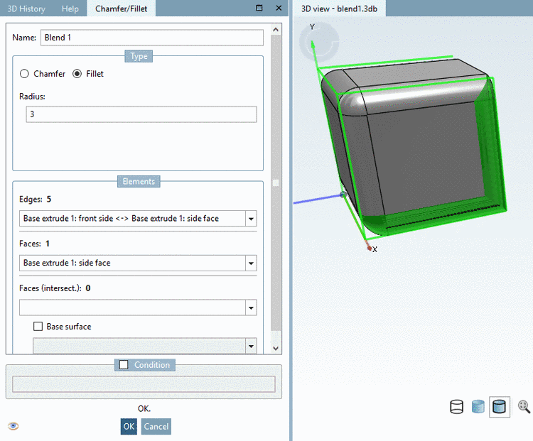 Preview with option "Change" -- Two edges are being edited, several others are already part of the blend and are displayed with Edge visualization.