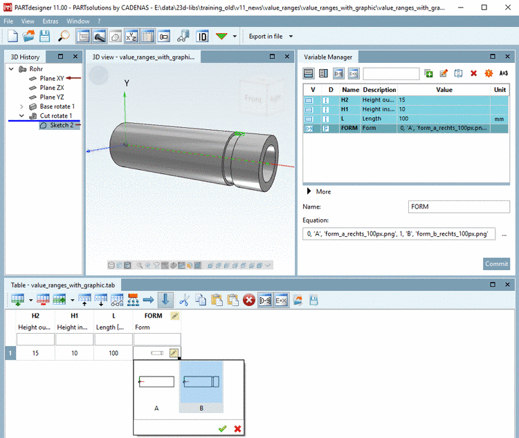 The figure shows a created Value range variable with graphics in the PARTdesigner