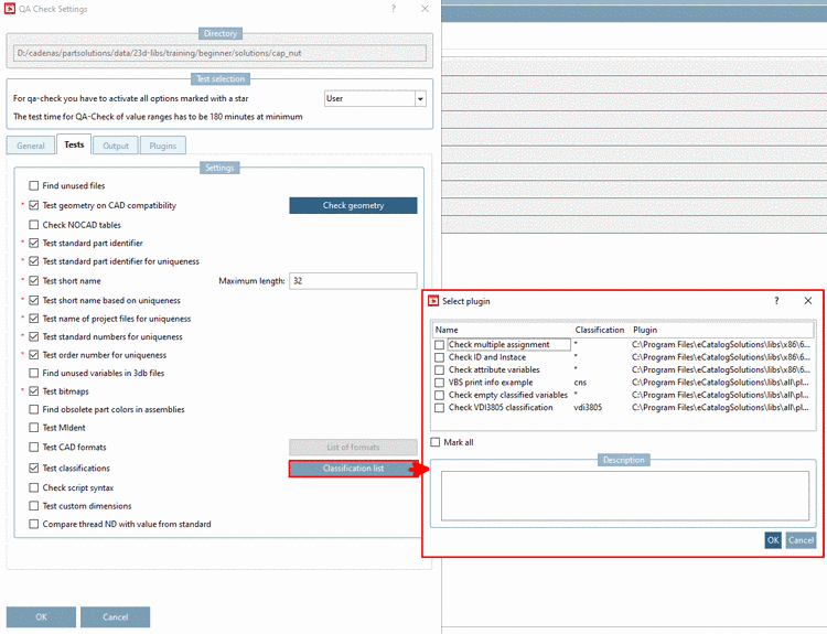 "Classification list" on tabbed page "Tests"