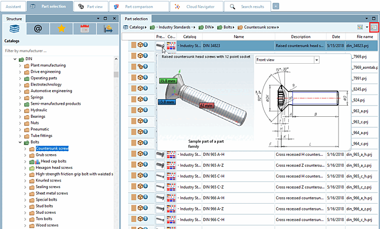 Esempio: tooltip 3D [3D Tooltip] + informazioni tecniche [Technical details] in modalità "Dettagli [Details]".