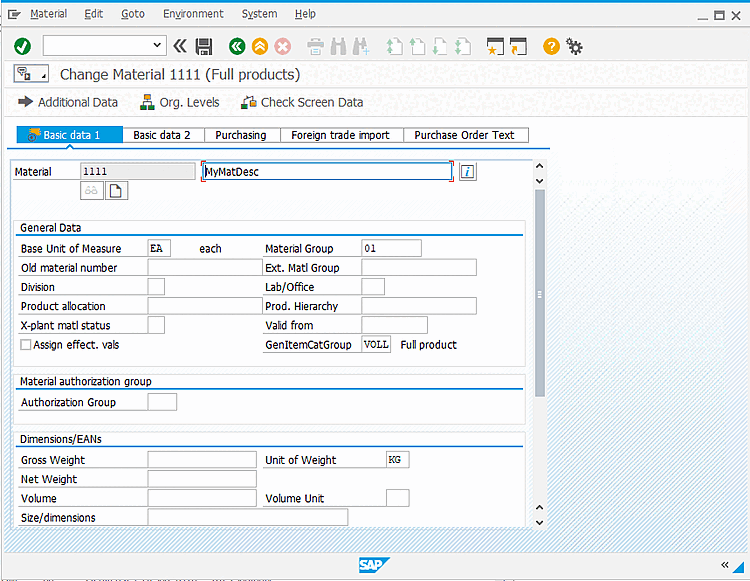 GUI SAP: Modifica del materiale