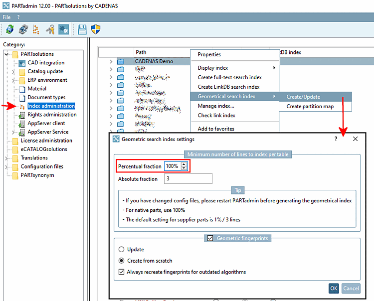 PARTADMIN -> Gestione indici [Index administration] -> Indice di ricerca geografica [Geometrical search index] -> Creazione/aggiornamento [Create/Update] -> Quota percentuale [Percental fraction]