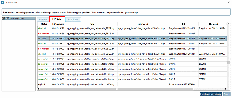Finestra di dialogo "Installazione CIP [CIP Installation]" -> Pagina della scheda "Stato ERP [ERP Status]
