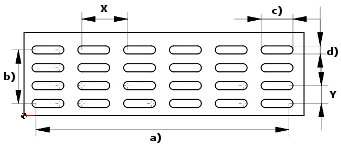 a) Numero di larghezze [Amount Width] (qui 6 elementi come esempio), b) Numero di altezze [Amount Height] (qui 4 elementi come esempio), c) Lunghezza del foro [Hole Length], d) Larghezza del foro [Hole Width]