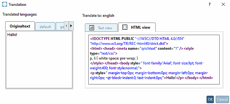 Finestra di dialogo "Tradurre [Translation]" in caso di variabili multimediali