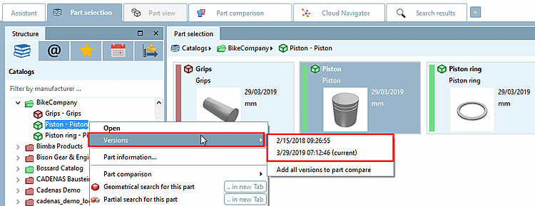 Dopo un aggiornamento, le versioni precedentemente installate possono essere aperte tramite il comando del menu contestuale "Versioni [Versions]", a condizione che durante l'installazione sia stata selezionata l'opzione "Mantieni tutto [Keep all]" o "Numero di versioni [Number of versions]".