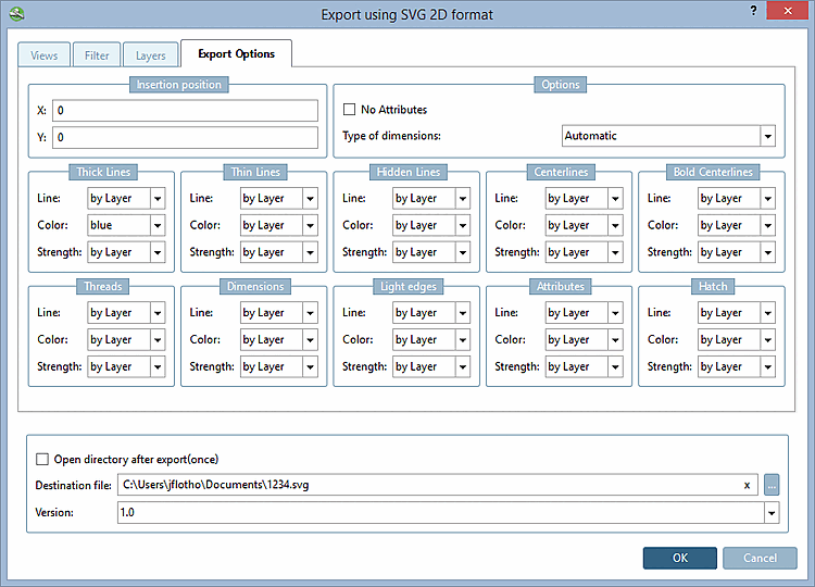 Pagina della scheda "Opzioni di esportazione [Export options]" - SVG 2D