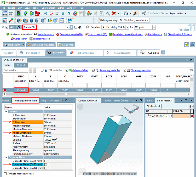 Esempio: ricerca di "Cuboide 50". "Cuboide" viene trovato nella tabella, "50" in base alla topologia (anche se non ci sono valori nella tabella).