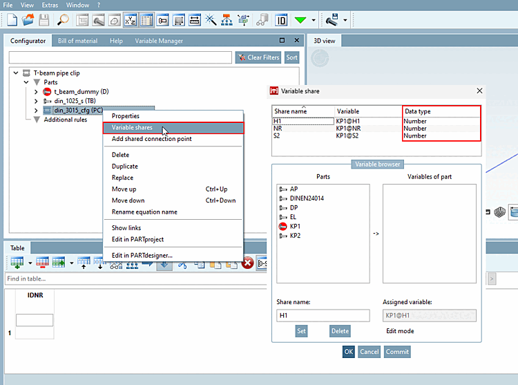 Rilascio della variabile [Variable share] in PARTdesigner