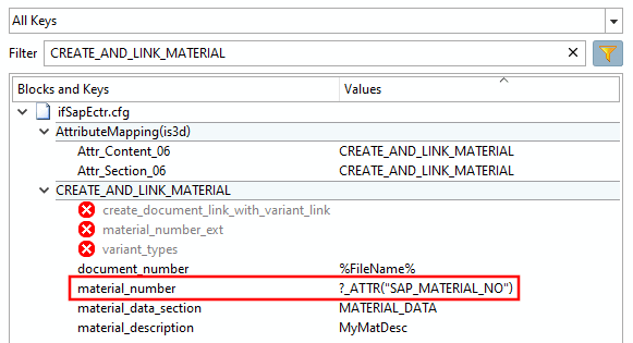Blocca "CREATE_AND_LINK_MATERIAL" nella Chiave "material_number"