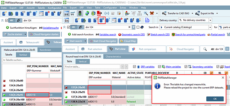 Esempio in PARTdataManager: l'utente 1 ha assegnato un numero ERP per la linea 136. L'utente 2 vuole assegnare un numero per un'altra linea (o per la stessa). L'utente 2 vuole assegnare un numero per un'altra linea (o per la stessa). -> Viene visualizzato un messaggio di errore. Soluzione: la tabella deve essere ricaricata in modo da visualizzare lo stato attuale.