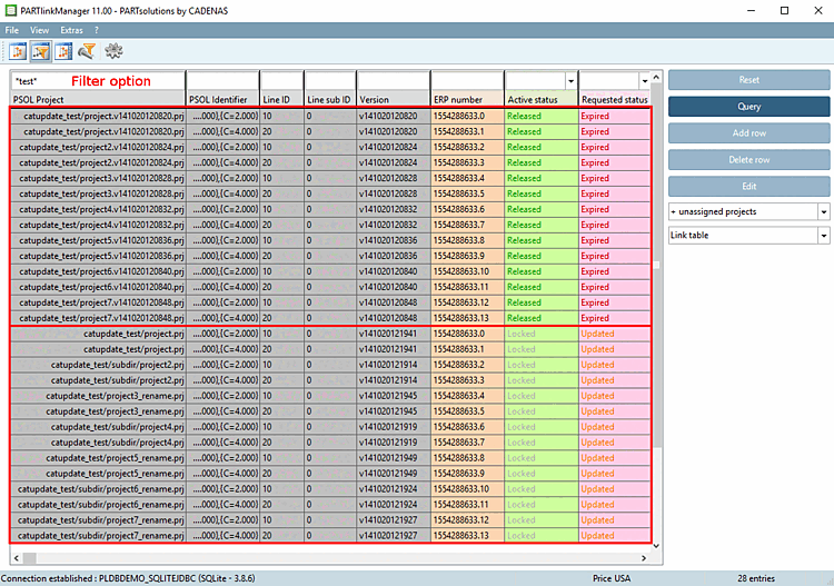 Le colonne "ACTIVE_STATE" e "REQUESTED_STATE" forniscono informazioni sui progetti che potrebbero essere mappati automaticamente.
