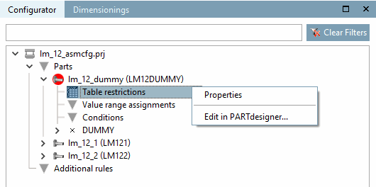 Restrizioni della tabella [Table restrictions] Menu contestuale