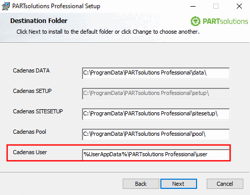 Configurazione PARTsolutions Professional -> Utente CADENAS