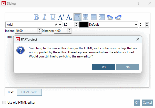 "Il passaggio al nuovo editor modifica l'HTML, poiché contiene alcuni tag non supportati dall'editor. Questi tag saranno rimossi quando si chiude l'editor. Desidera comunque passare al nuovo editor?".