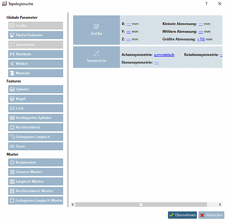 Ricerca topologica [Topology search]: impostazione per dimensioni e simmetria