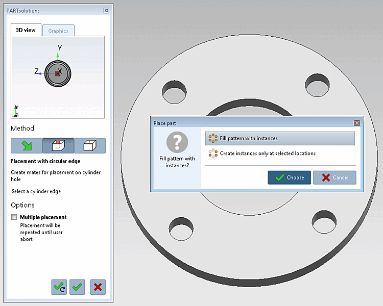 Posizionare il componente [Place part]: Si vuole riempire il modello con le istanze? [Fill pattern with instances?]