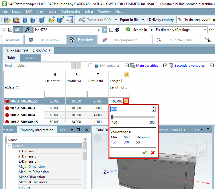 Selezione dell'intervallo di valori nel PARTdataManager