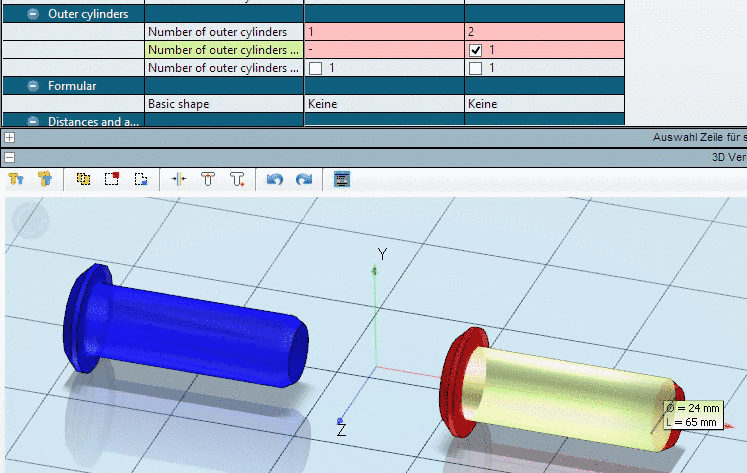 Example: On the left side: Import with old mode and on the right side import with "CapVidia". On the right side the cylinder can be selected as individual topological attribute and is displayed under "Tabular Compare".