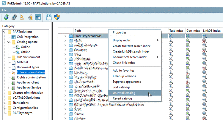 Index administration -> catalog context menu -> Uninstall catalog