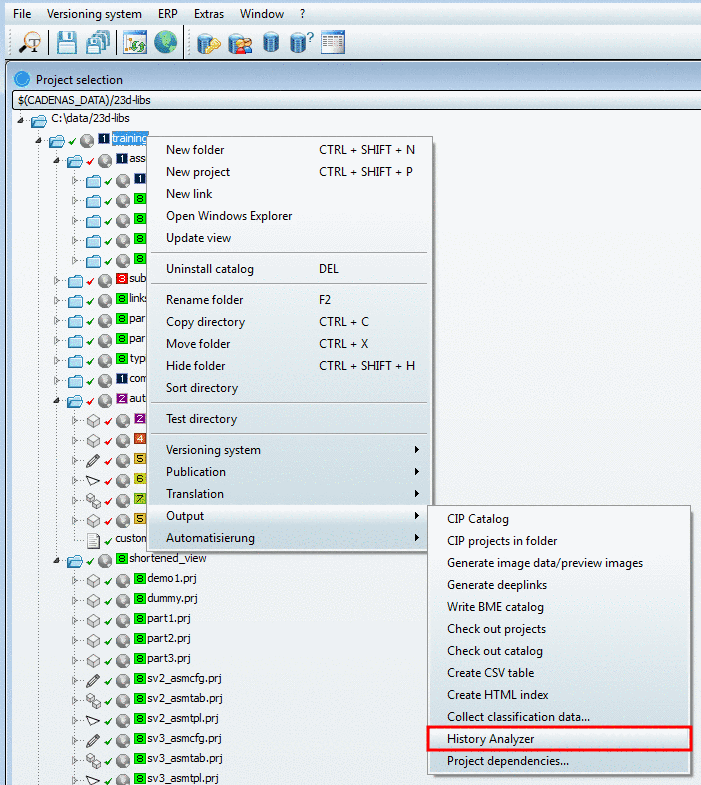 PARTproject -> Project selection -> context menu -> Output -> History Analyzer
