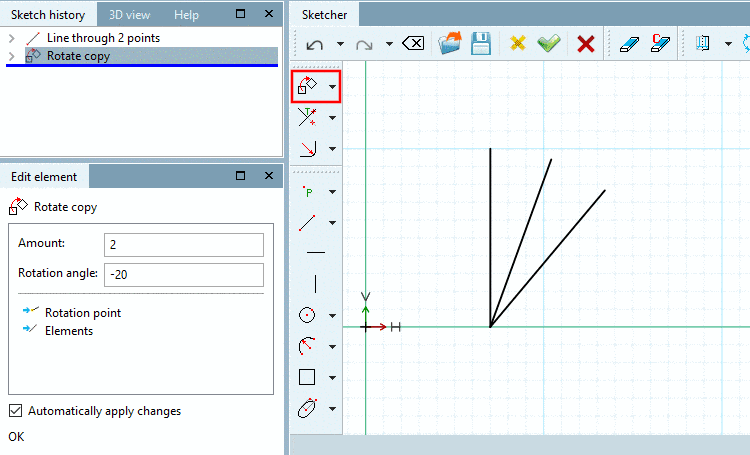 In this example the angle of rotation has been adjusted to "-20" and the number of copies to 2 (default is 1).