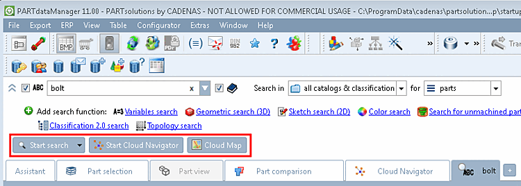 "Avvia la ricerca [Start search]" o "Avvia il Cloud Navigator [Start Cloud Navigator]" o "Mappa del Cloud [Cloud Map]".