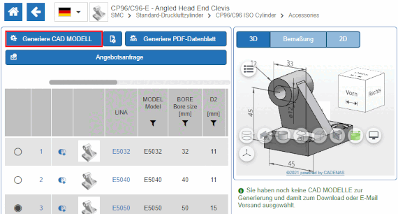 Pulsante "Genera MODELLO CAD" (esempio portale fornitori)