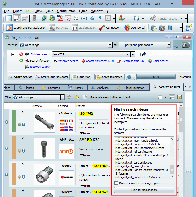 Messaggio esemplificativo in PARTdataManager