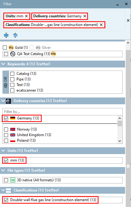 Visualizzazione dei filtri selezionati