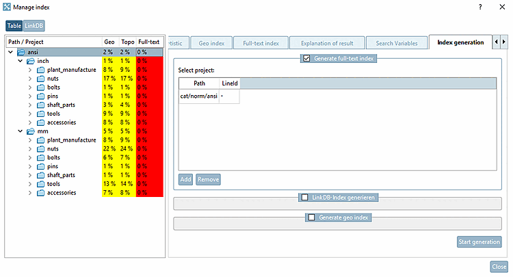 "Generare l'indice del testo completo [Generate full-text index]" attivato
