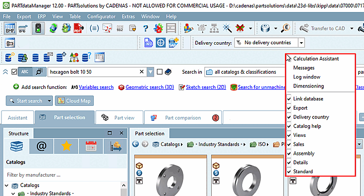 Selezione delle parti [Part selection]: Mostra e nascondi i docking