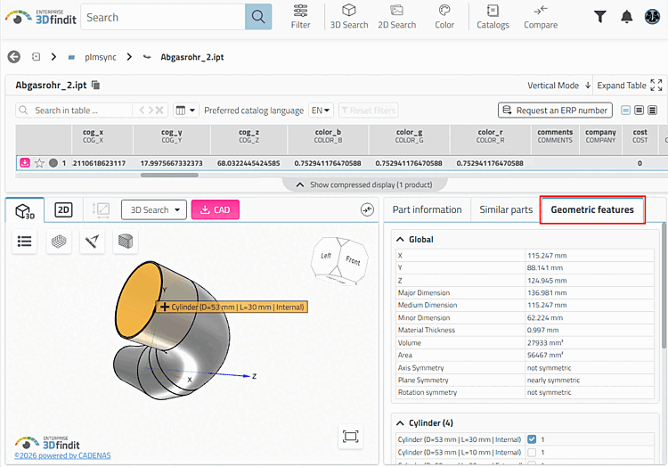 3Dfindit: Catalogo "plmsync" > Parte singola > Caratteristiche geometriche [Geometric features]